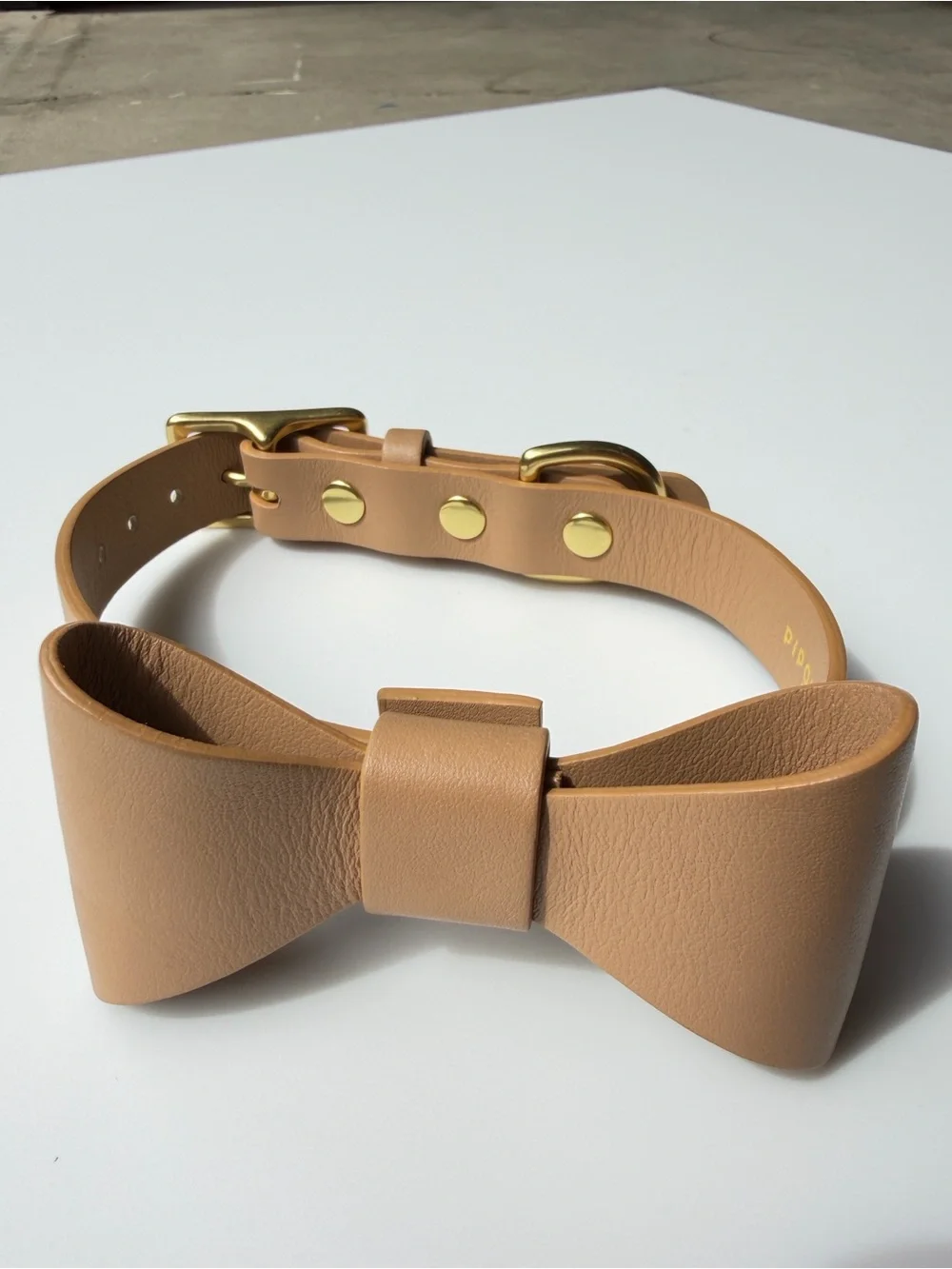 Tan Leather Bow Dog Collar with Gold Hardware - Designer Style
